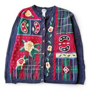 Vintage Koret, Cardigan / Floral, Tartan, Plaid, Paisley Patterned Knitwear